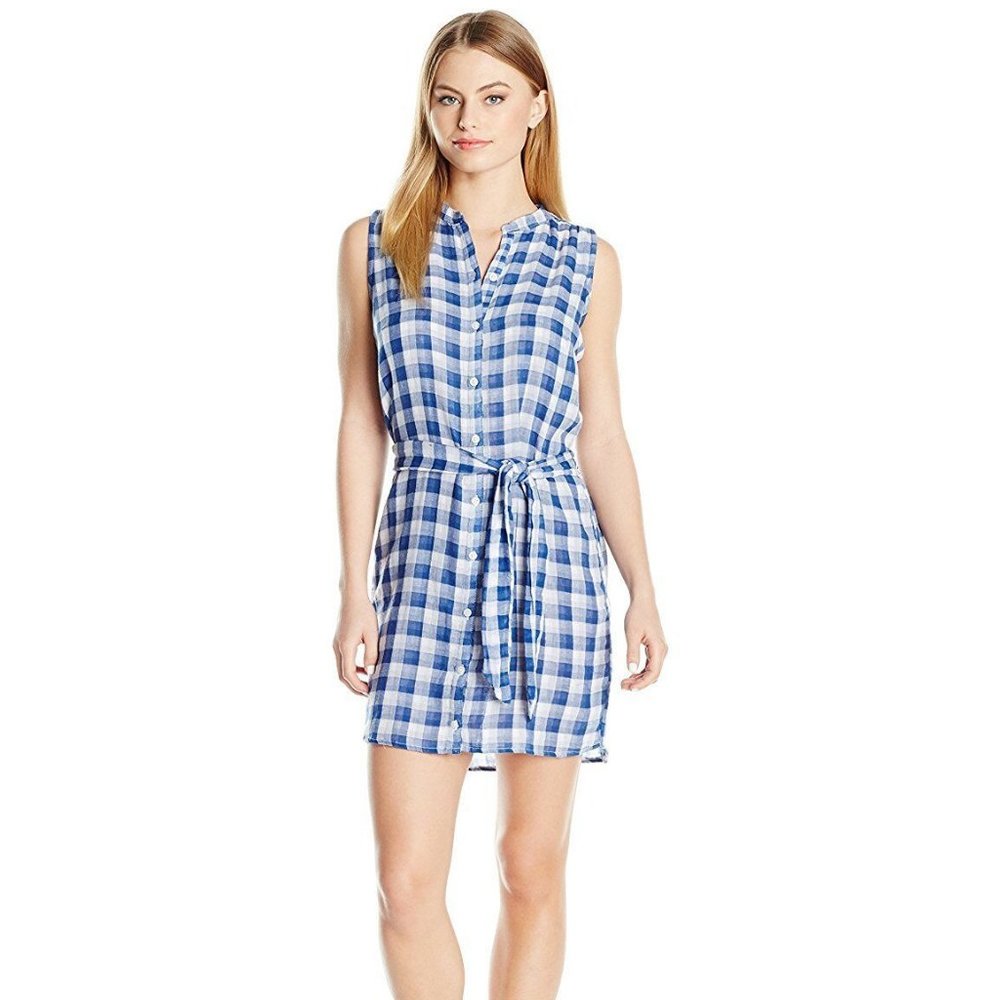 New! Caribbean Joe Beach Dune Sleeveless Blue Button Front Dress Size M Petite
